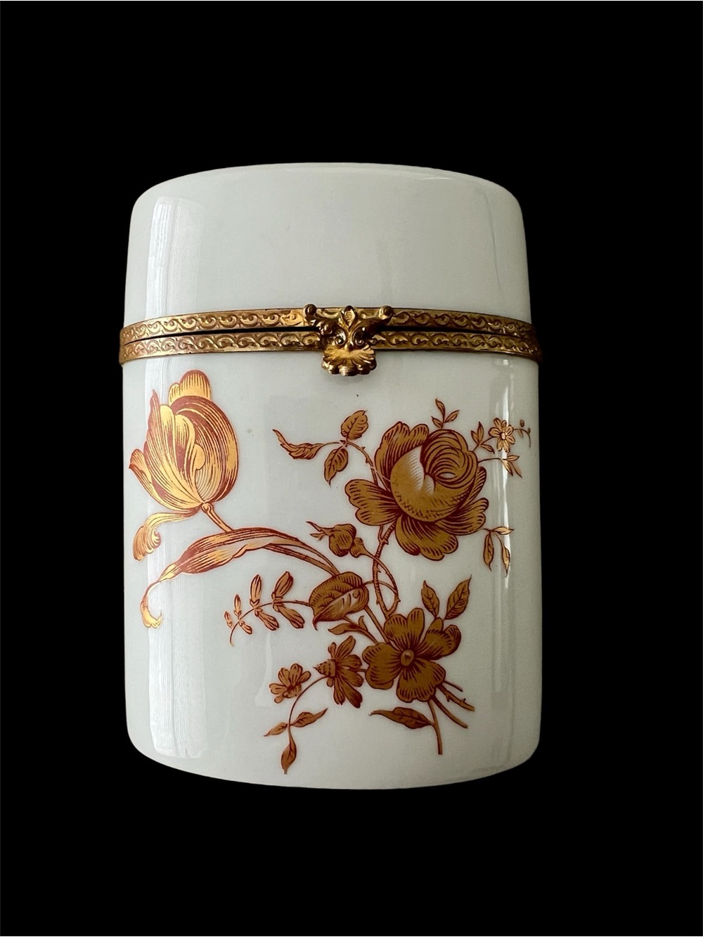 Limoges White and Gold Porcelain Hinged Trinket Box Vanity Container
